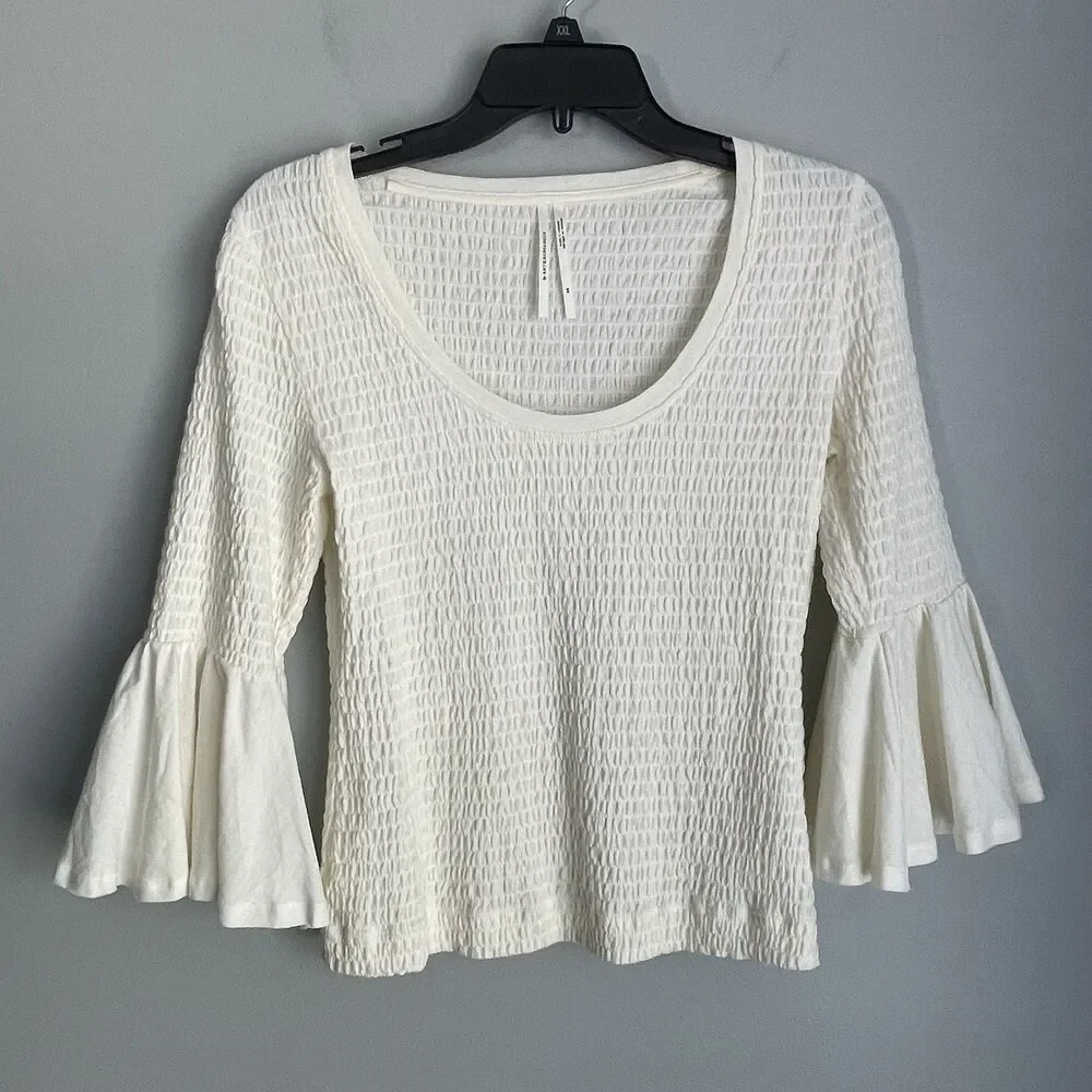 Anthropologie Smocked Bell Sleeve Top Size XS Cream Boho Chic Festival